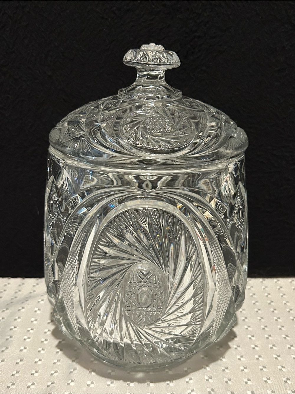 Antique EAPG McKee Clear Glass Aztec Biscuit Cracker Cookie Jar w/Lid